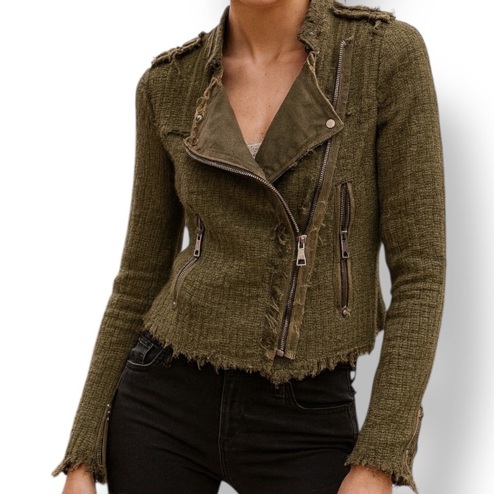 Zara Womens Olive Green Tweed Moto Jacket Epaulets M Military Grunge Biker Urban